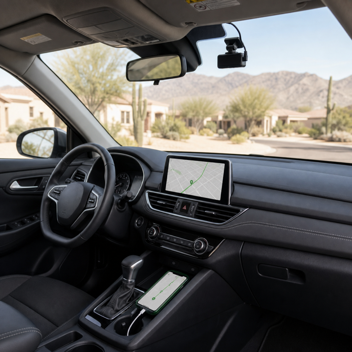A clean vehicle interior with a connected phone, navigation screen, and dashcam in a Tucson neighborhood