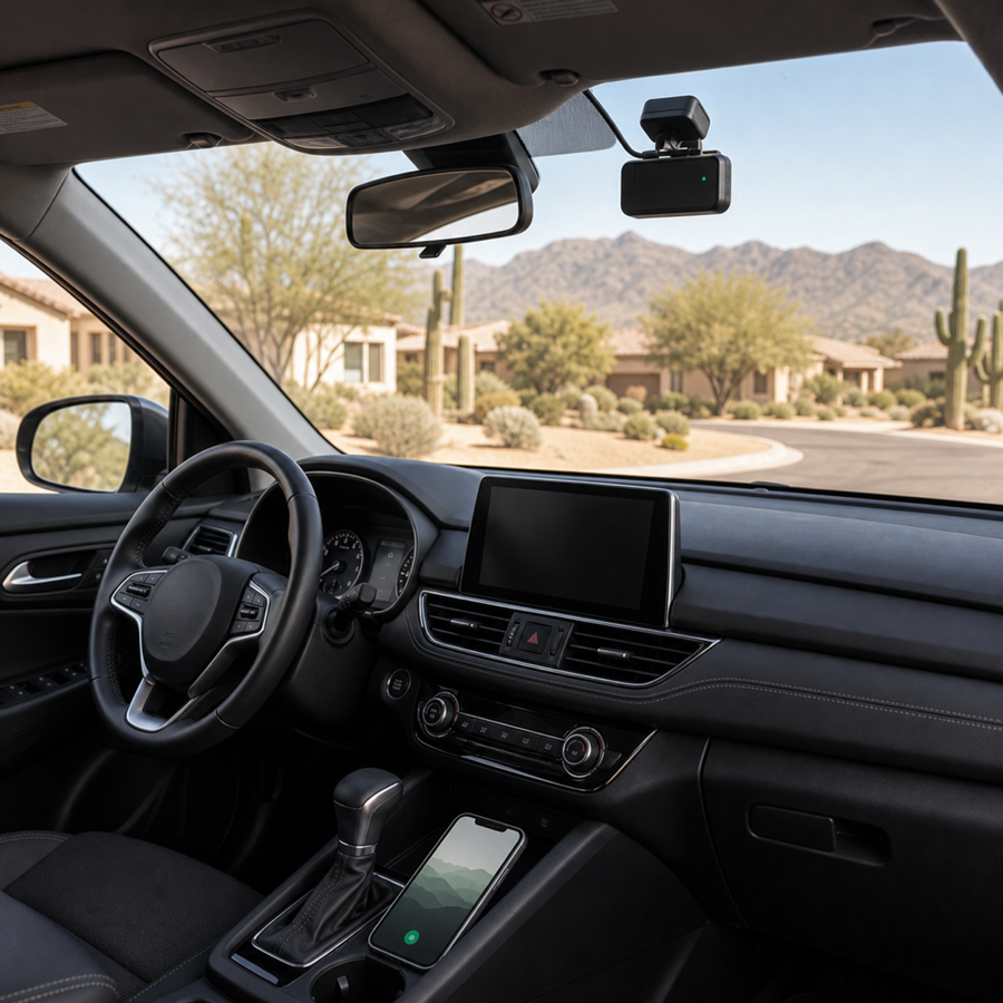 A professionally mounted dashcam with hidden wiring inside a vehicle parked in Tucson