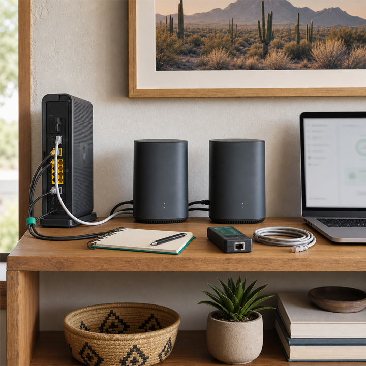 A tidy home Wi-Fi setup with a modem, mesh routers, laptop, labeled cables, and notebook