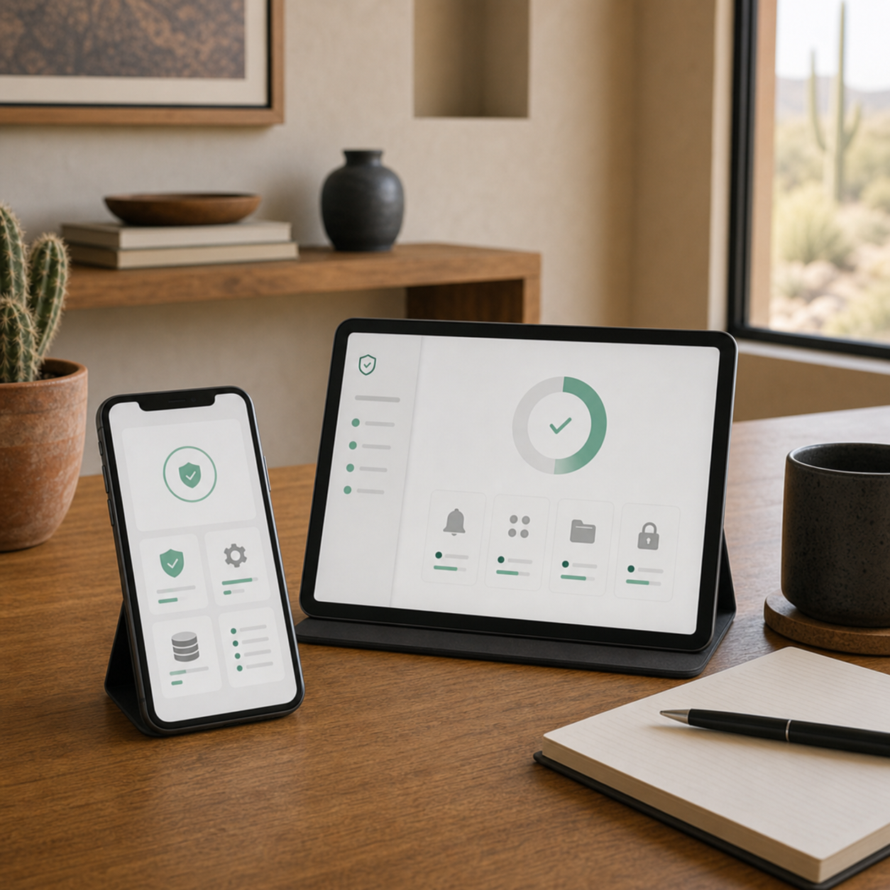 A phone and tablet displaying calm cleanup and privacy dashboards in a warm Tucson home