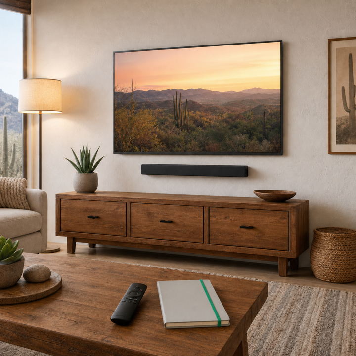 A securely wall-mounted television and soundbar in a warm Tucson living room