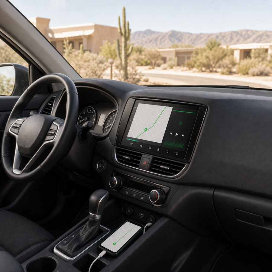 A professionally fitted touchscreen infotainment system with navigation and a connected phone